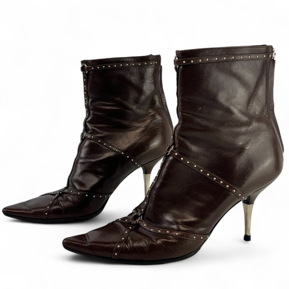 Dior John Galliano Leather Studded Pointed Toe Ankle Boots EU 38 Chocolate Brown - Picture 2 of 11